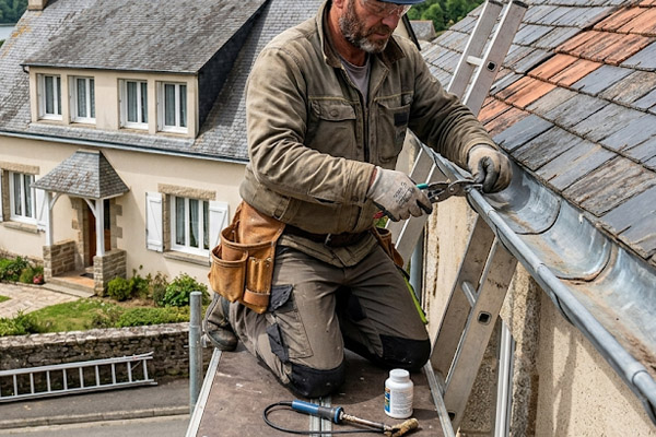 Artisan travaillant sur la zinguerie d'une maison